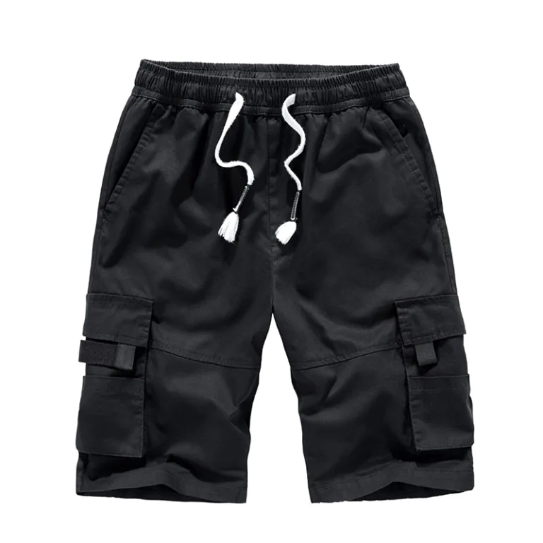 Black cargo shorts with drawstring waist.