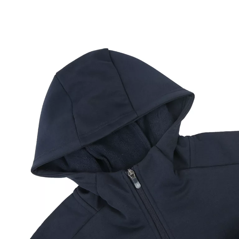 Navy blue hoodie with zipper and hood.