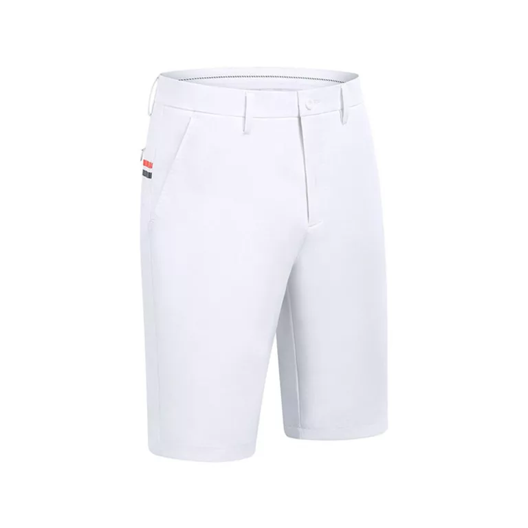 White men's golf shorts with logo.