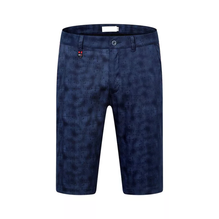 Men's patterned navy blue chino shorts.