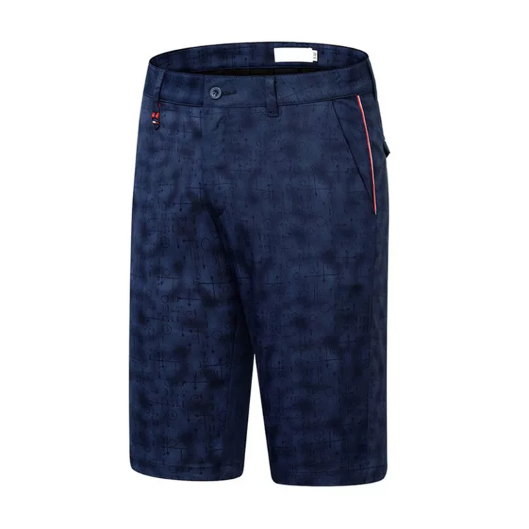 Navy blue men's patterned shorts with red accent.