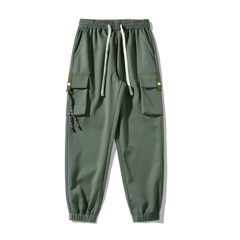 Men's green cargo jogger pants with drawstring.