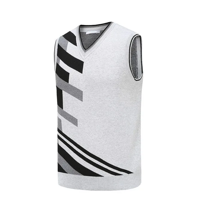 Men's sleeveless gray sweater vest with geometric pattern.