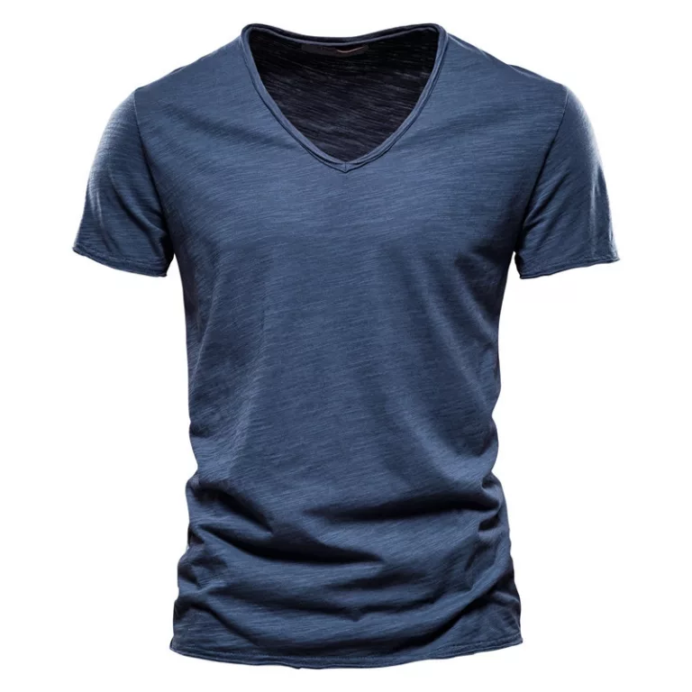 Blue V-neck t-shirt on white background.