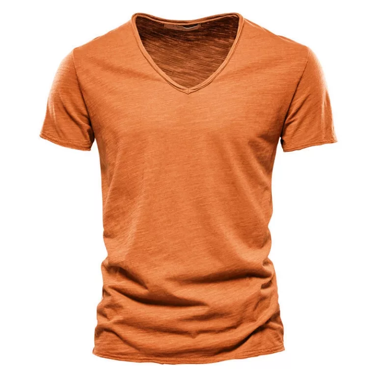 Orange V-neck T-shirt on white background