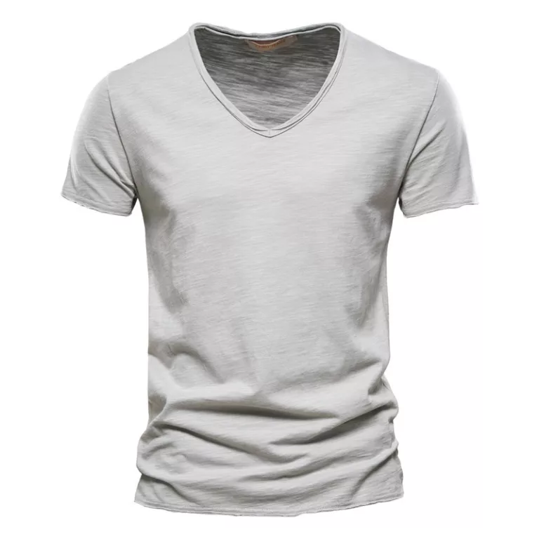 Grey V-neck short-sleeve t-shirt on white background.