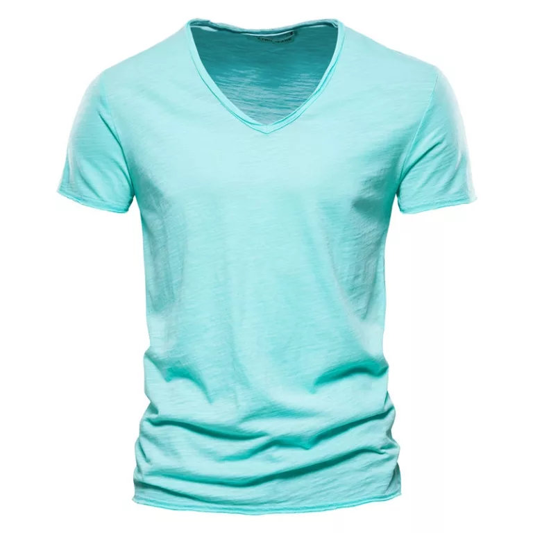 Aqua blue V-neck t-shirt isolated on white.