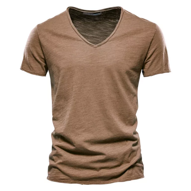 Brown V-neck T-shirt on white background.