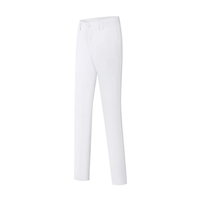 White men's slim-fit trousers against white background.