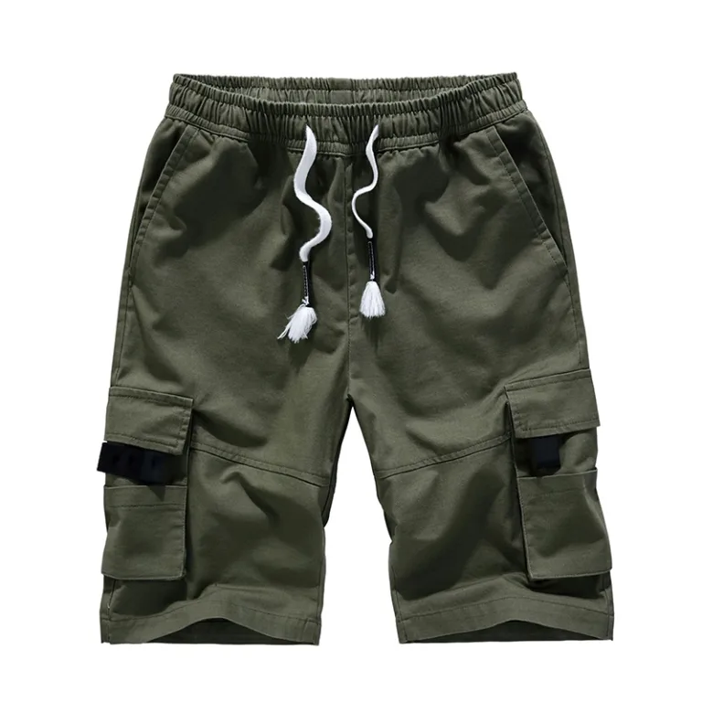 Green cargo shorts with drawstring and pockets