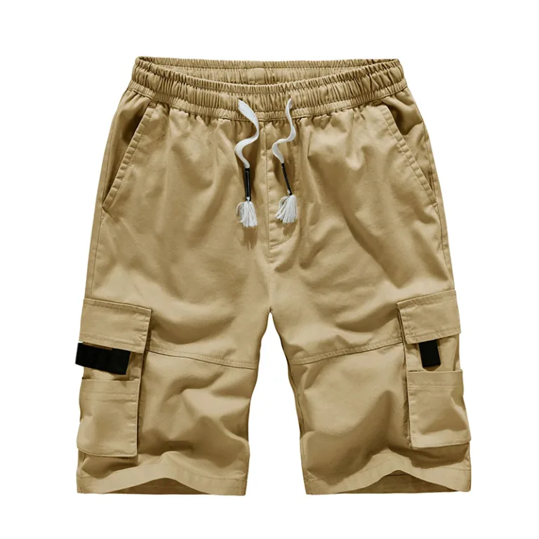 Men's khaki cargo shorts with drawstring waist