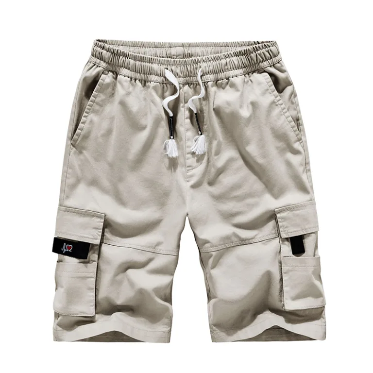 Men's beige cargo shorts with drawstring waist.