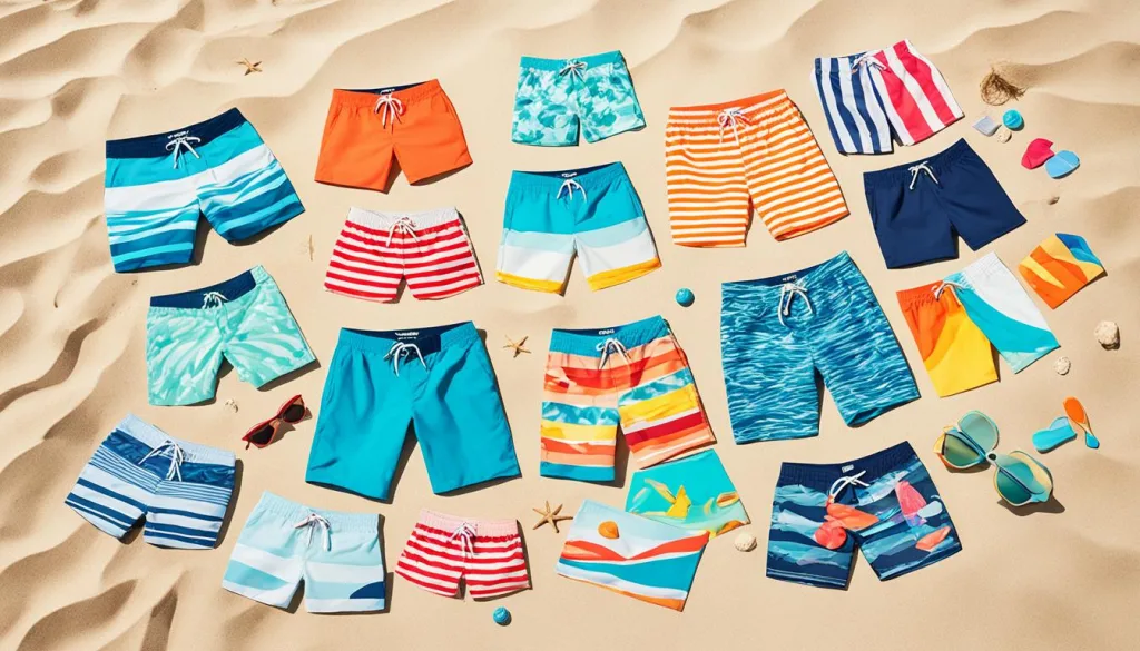 Customizable Wholesale Solutions for Your Business Needs 1 Assorted men's swimwear on sandy beach background.