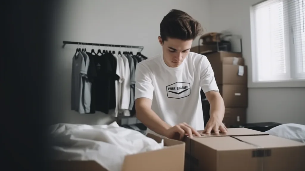 Top 10 Clothing Manufacturers for Startups 3 A new fashion brand owner packing first apparel orders for shipping