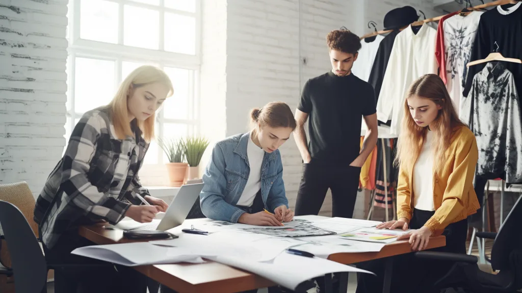 Top 10 Clothing Manufacturers for Startups 3 Young fashion entrepreneurs discussing clothing designs and samples