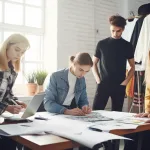 Young fashion entrepreneurs discussing clothing designs and samples