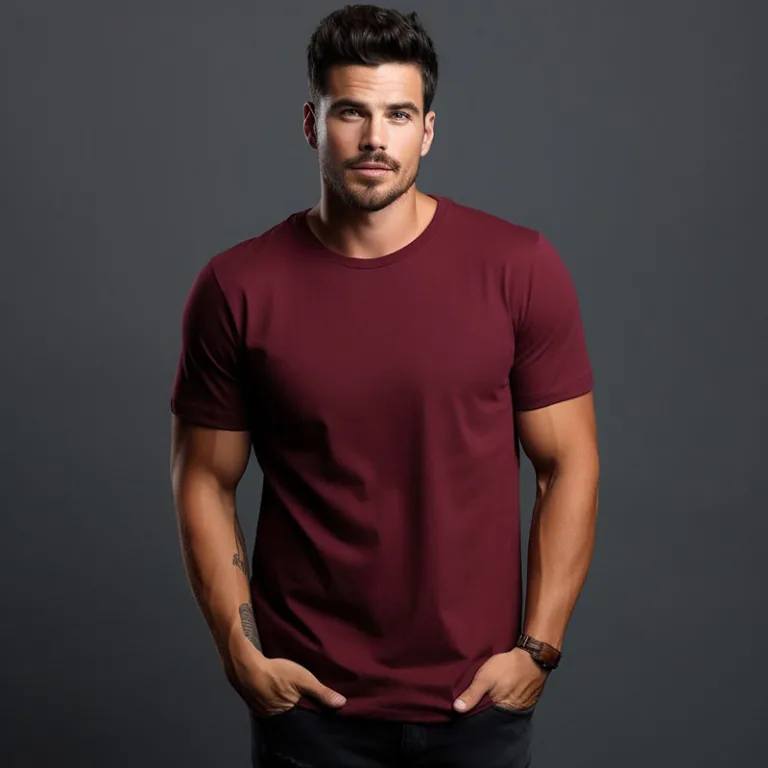 Man wearing a maroon t-shirt, hands in pockets.