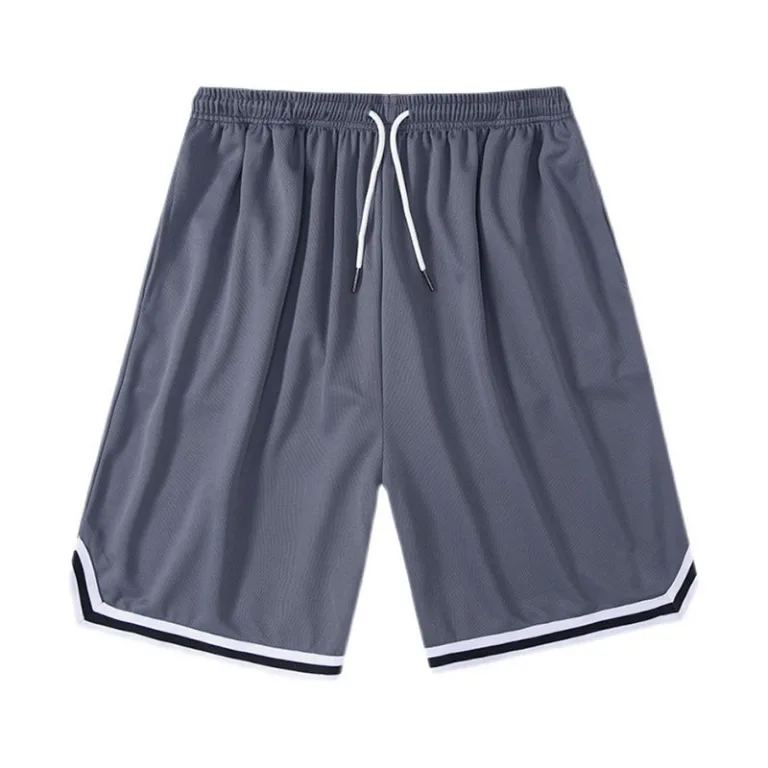Gray basketball shorts with drawstring waistband.