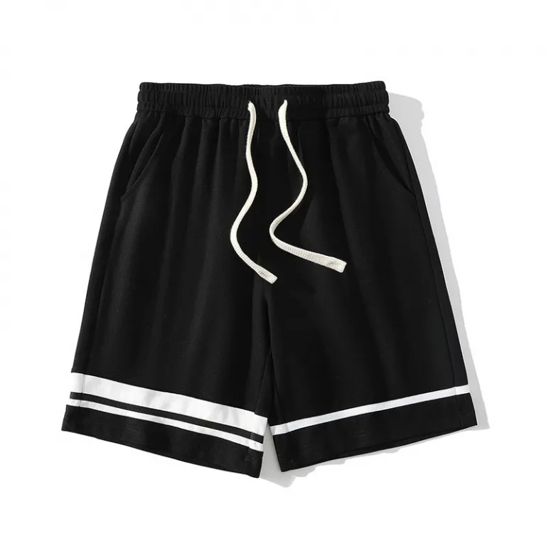 Black athletic shorts with white drawstring and stripe accents.