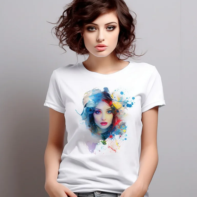 Woman wearing a colorful face print t-shirt.