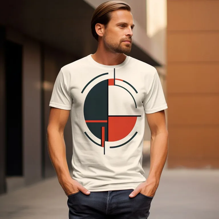 Man wearing geometric print t-shirt, standing outside.