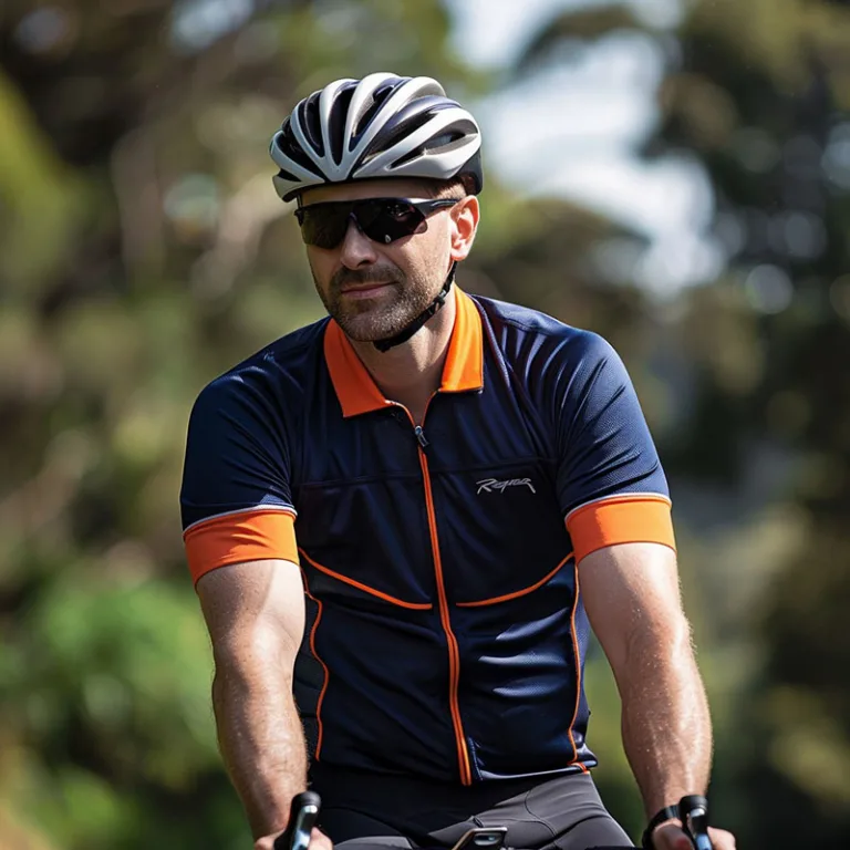Cyclist wearing helmet and sunglasses outdoors.