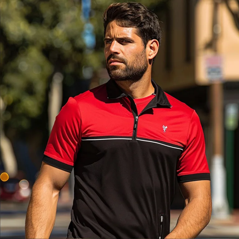 Man wearing a red and black athletic shirt walking outdoors.
