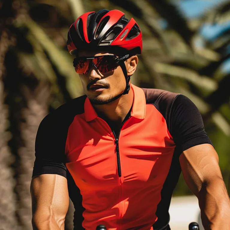 Cyclist wearing red jersey and helmet.