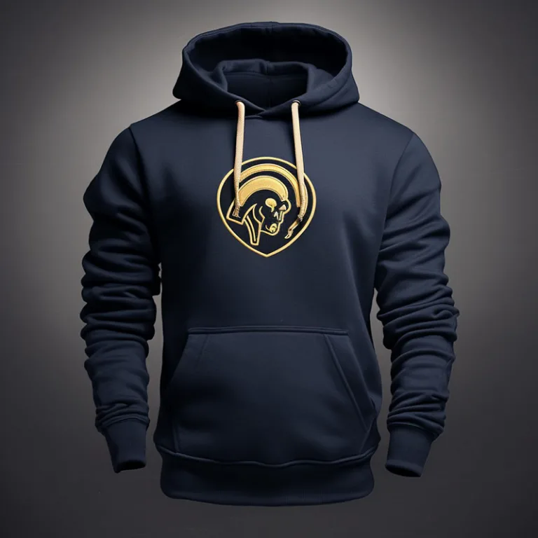 Navy hoodie with gold Spartan helmet design.
