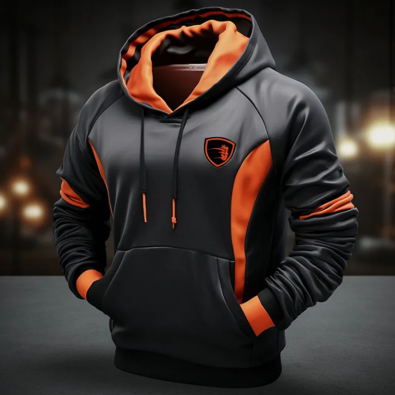 Black and orange hoodie with sporty design.