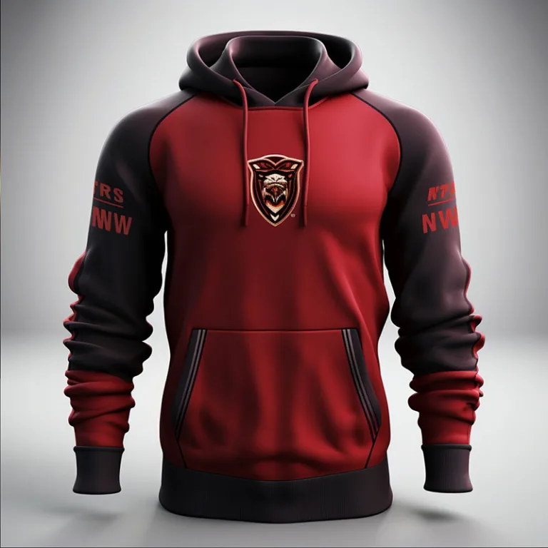 Red and black hoodie with lion emblem.