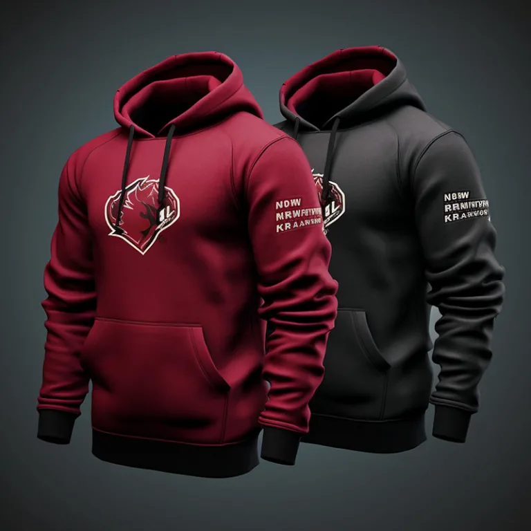 Red and black hoodies with logo.
