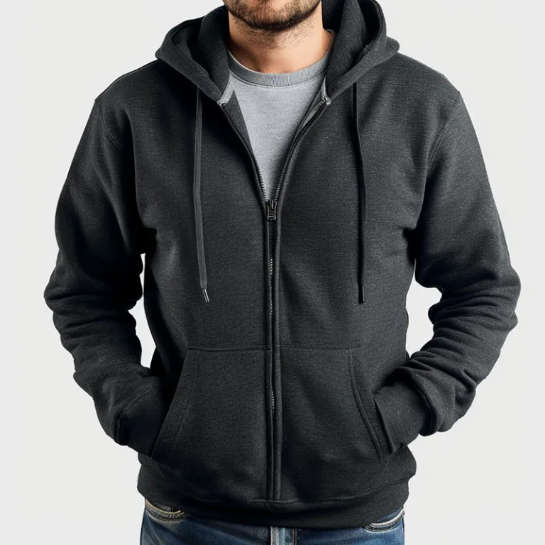 Man wearing a black zip-up hoodie.