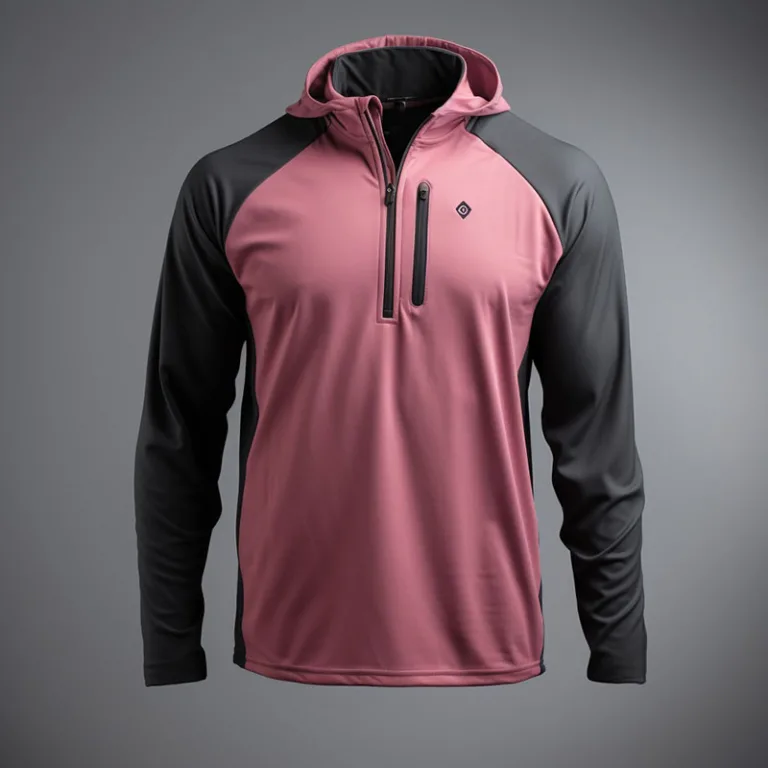 Men's pink and black hooded sweatshirt with zipper.