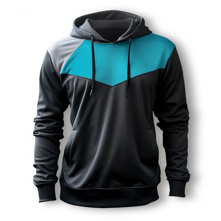 Black and teal hoodie with front pocket.