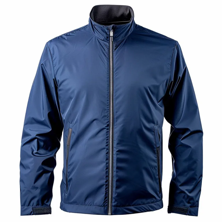 Blue waterproof jacket with front zipper and pockets.