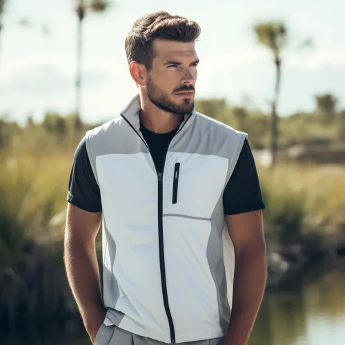 Golf Clothing 4 Man wearing a stylish outdoor vest in nature.