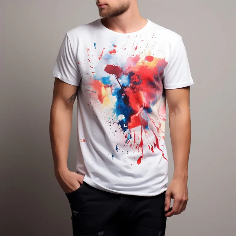 Man wearing white t-shirt with colorful paint splatter design.