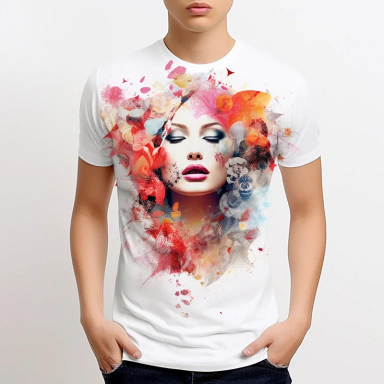 Man wearing colorful, artistic face-printed t-shirt.