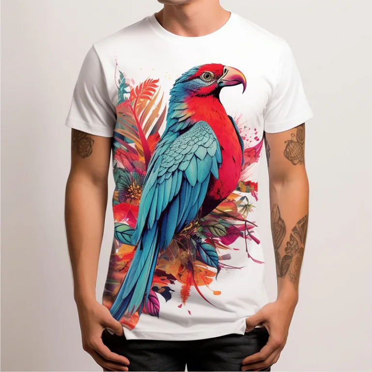 Man wearing a parrot-design T-shirt.