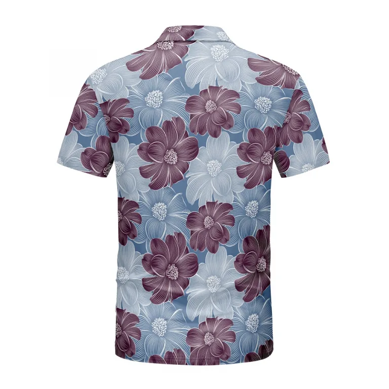 Floral patterned short-sleeve shirt with blue background.