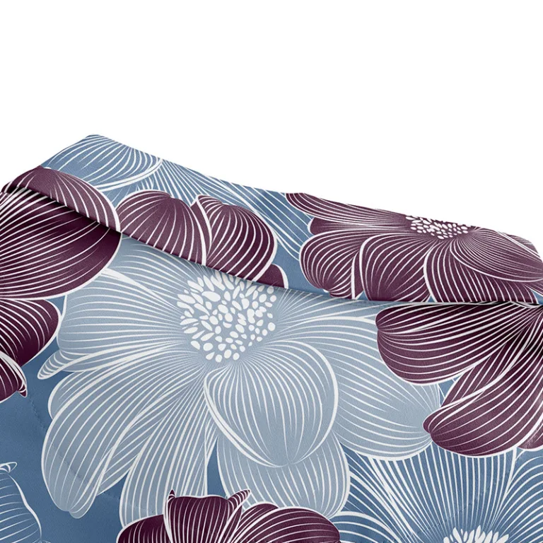 Blue and maroon floral print fabric close-up.