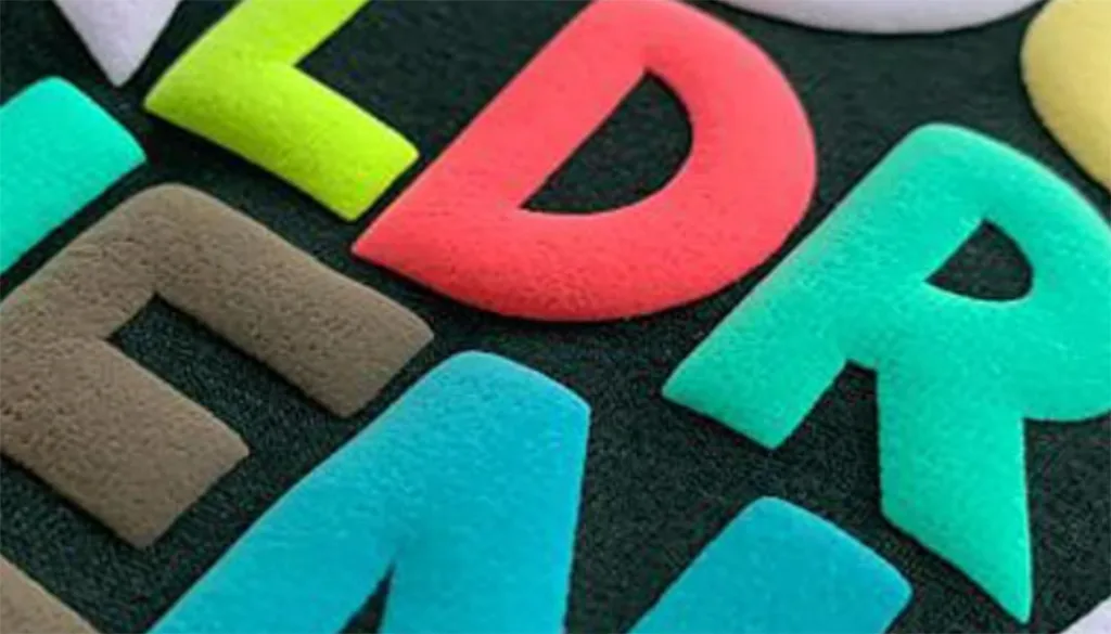Stylish Puff Print Hoodies for Cozy Warmth and Trendy Look 3 Colorful foam letters on a black surface.