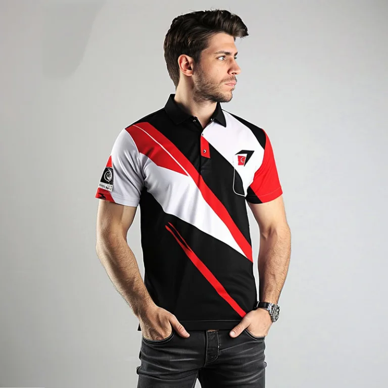 Man wearing a black, red, and white sports polo.