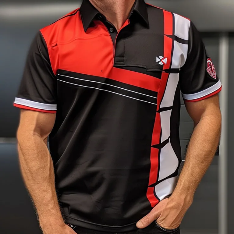 Person wearing a black, red, and white sports jersey.