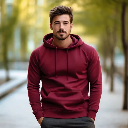 Golf Clothing 6 Man in a red hoodie outdoors.