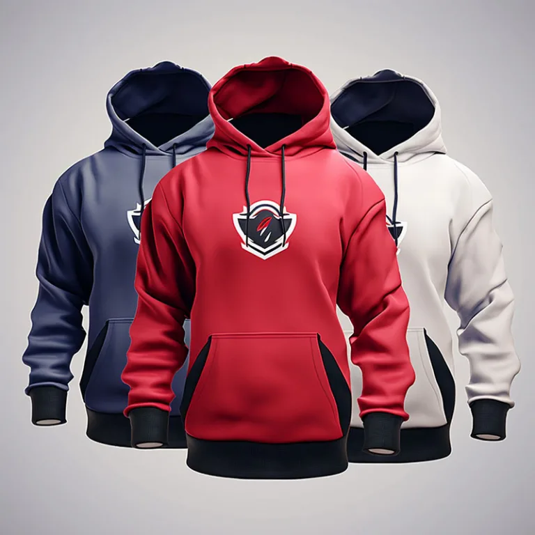 Three colored hoodies: red, blue, and white.