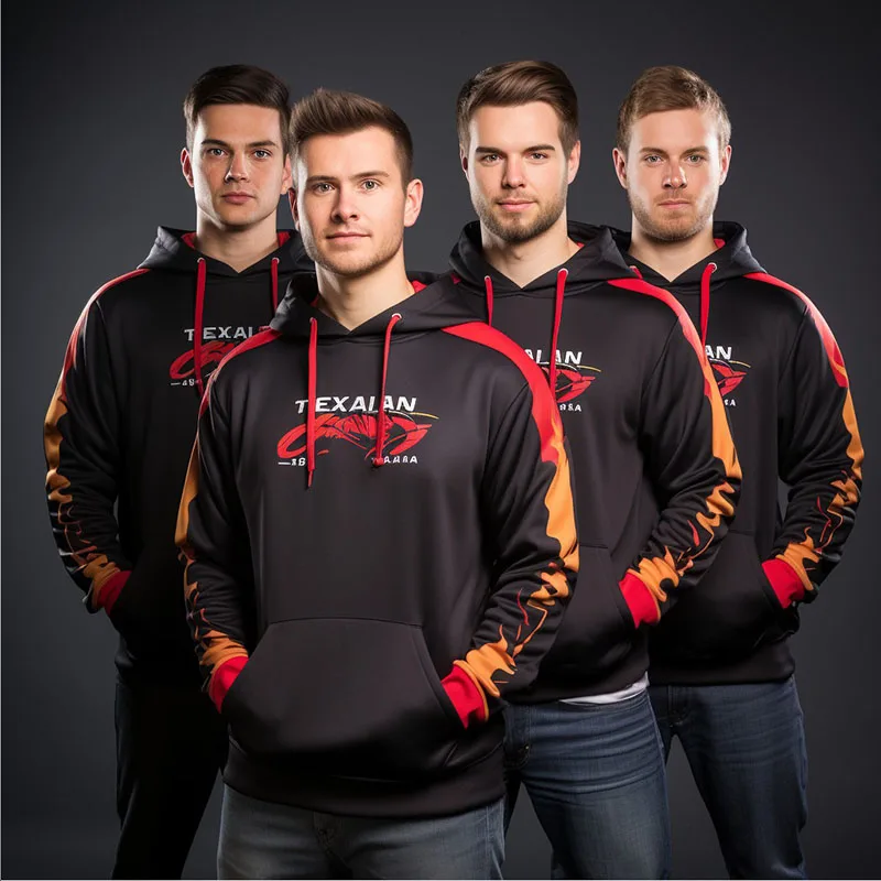 Team Apparel 8 Four men in matching esports team hoodies.