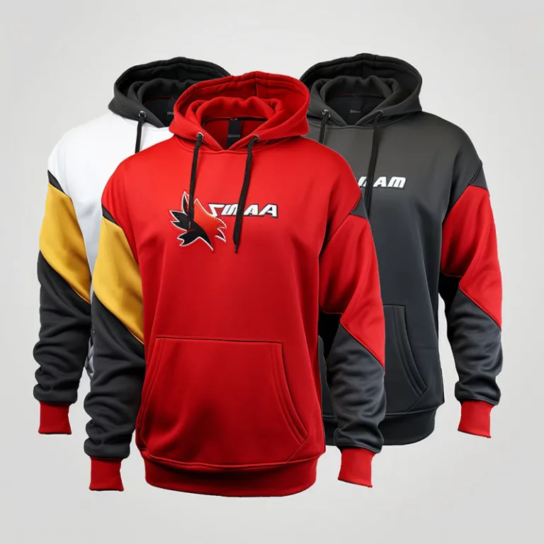 Three colorful sports hoodies with unique designs.
