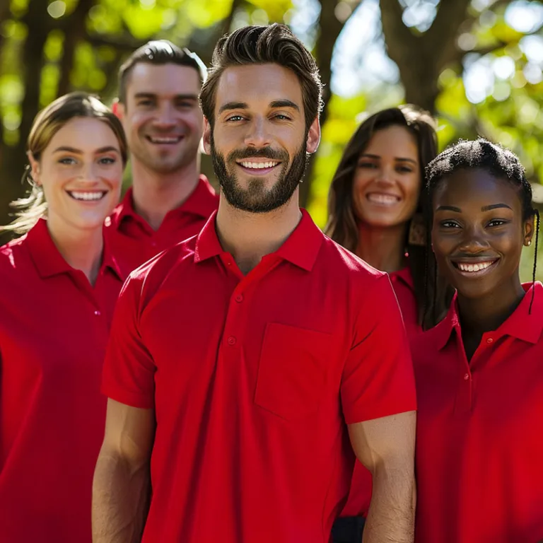 Group of smiling people wearing red shirts outdoors.